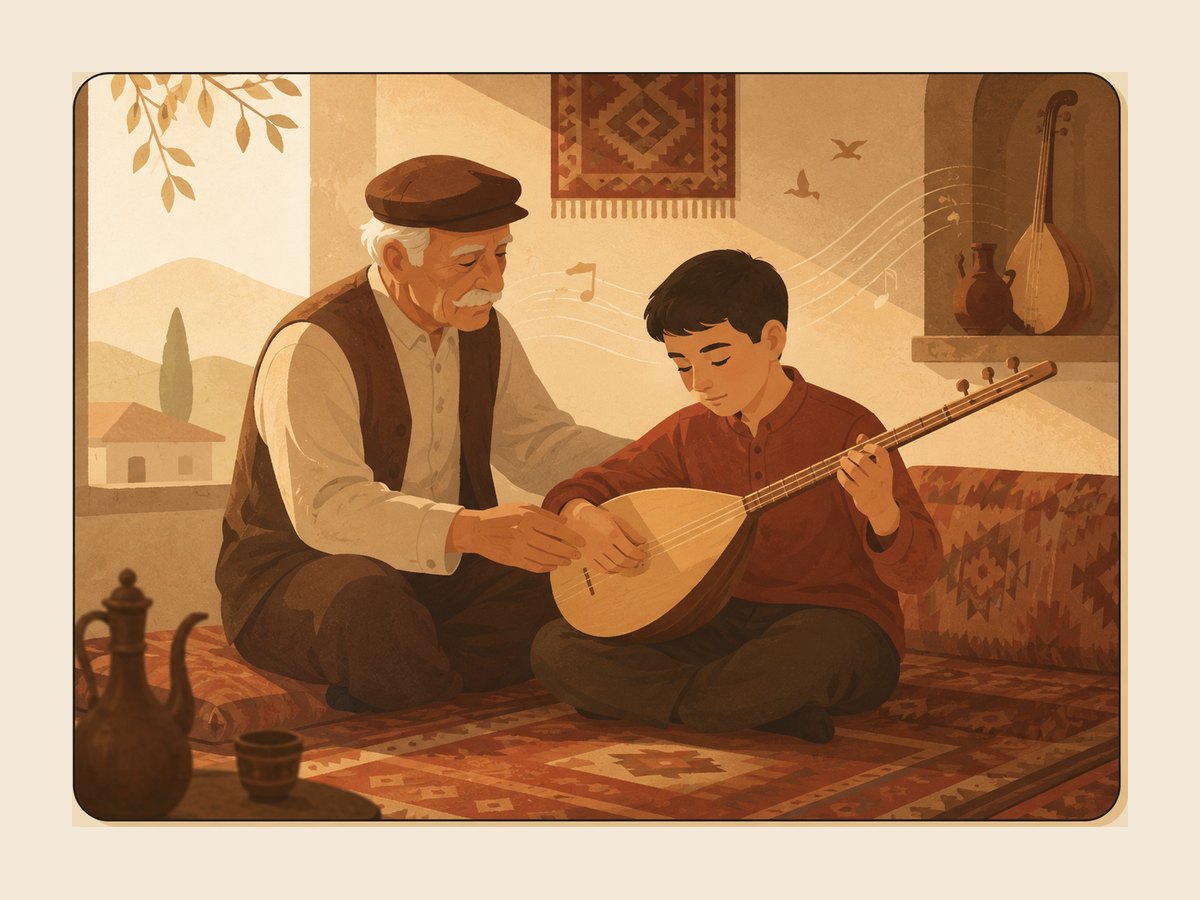Yaşlı usta, kilim üzerinde torununa bağlama öğretiyor
